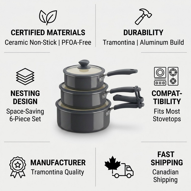 TRAMONTINA 6 Pc Nesting Cw Set-Pe-Cer-Dk Gray-Oly (80156/148DS) - Cartouches Certifiees