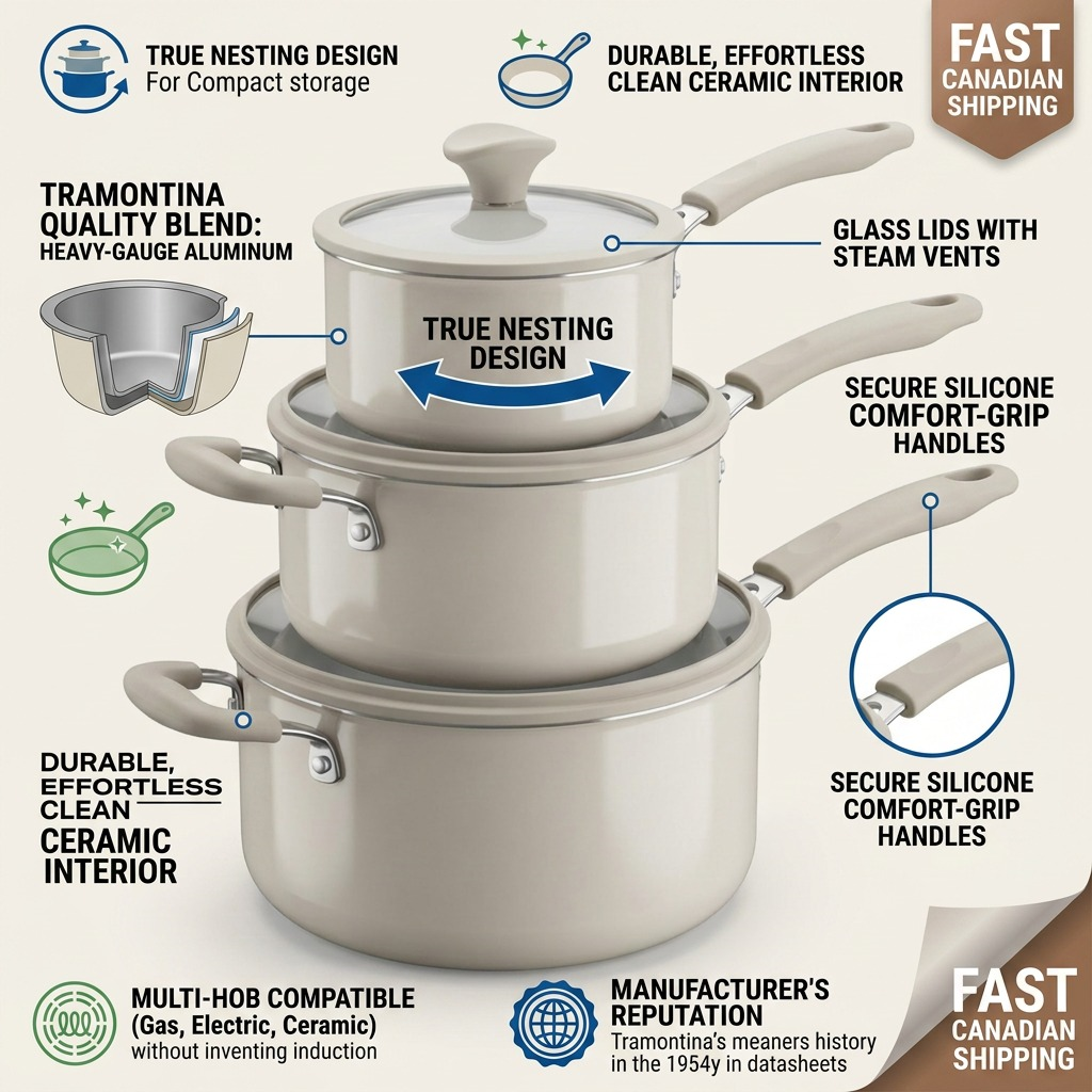 TRAMONTINA 6 Pc Nesting Cw Set-Pe-Cer-Wht-Oly (80156/147DS) - Cartouches Certifiees