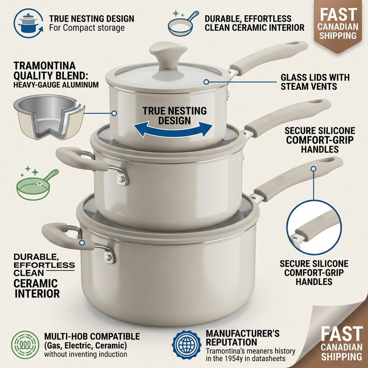 TRAMONTINA 6 Pc Nesting Cw Set-Pe-Cer-Wht-Oly (80156/147DS) - Cartouches Certifiees