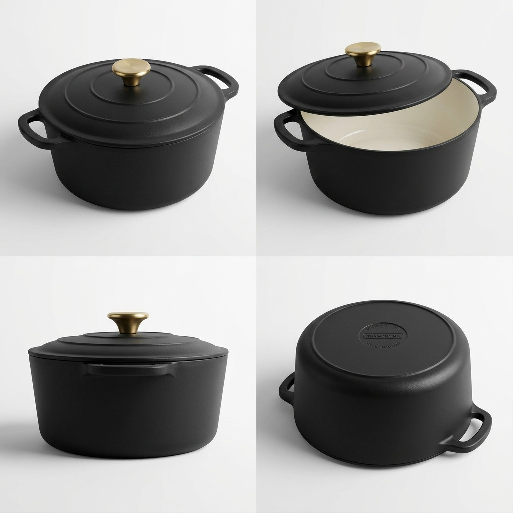 TRAMONTINA Bestow 5.5 Quart Enameled Cast Iron Covered Round Dutch, Matte Black (80131/084DS) - Cartouches Certifiees
