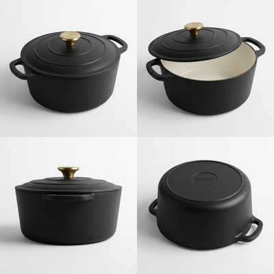 TRAMONTINA Bestow 5.5 Quart Enameled Cast Iron Covered Round Dutch, Matte Black (80131/084DS) - Cartouches Certifiees