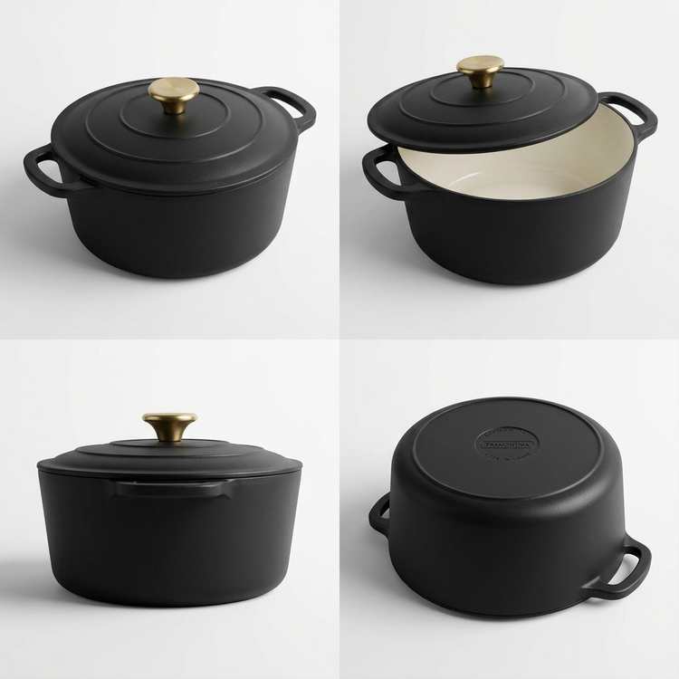 TRAMONTINA Bestow 5.5 Quart Enameled Cast Iron Covered Round Dutch, Matte Black (80131/084DS) - Cartouches Certifiees