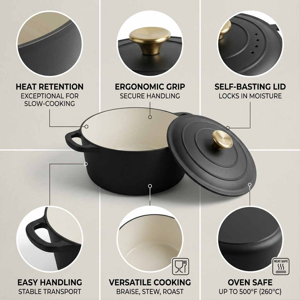 TRAMONTINA Bestow 5.5 Quart Enameled Cast Iron Covered Round Dutch, Matte Black (80131/084DS) - Cartouches Certifiees