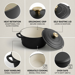 TRAMONTINA Bestow 5.5 Quart Enameled Cast Iron Covered Round Dutch, Matte Black (80131/084DS) - Cartouches Certifiees