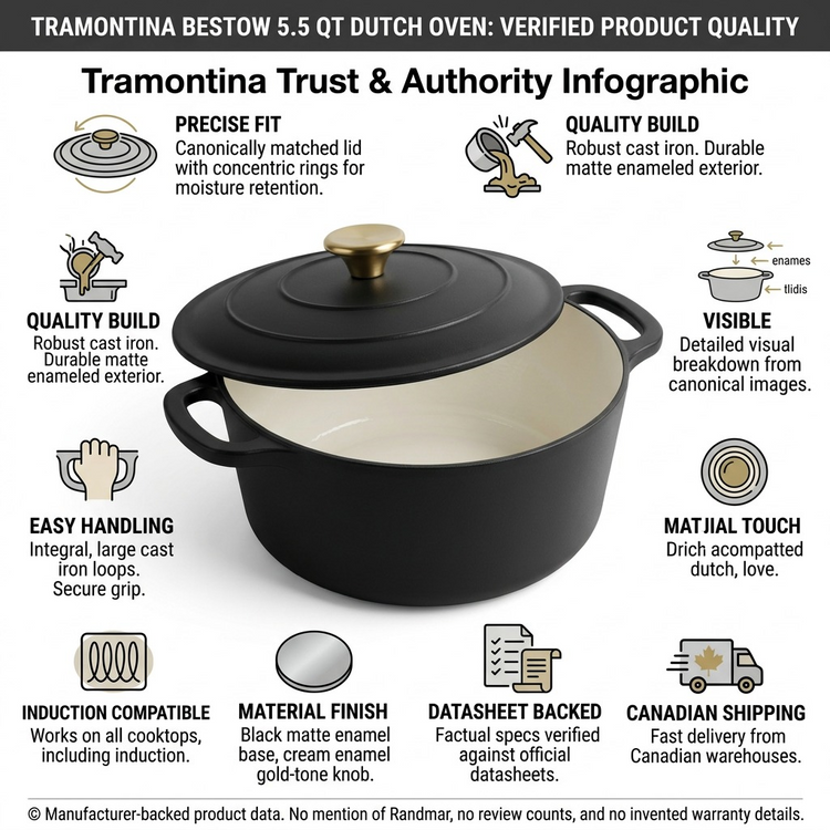 TRAMONTINA Bestow 5.5 Quart Enameled Cast Iron Covered Round Dutch, Matte Black (80131/084DS) - Cartouches Certifiees