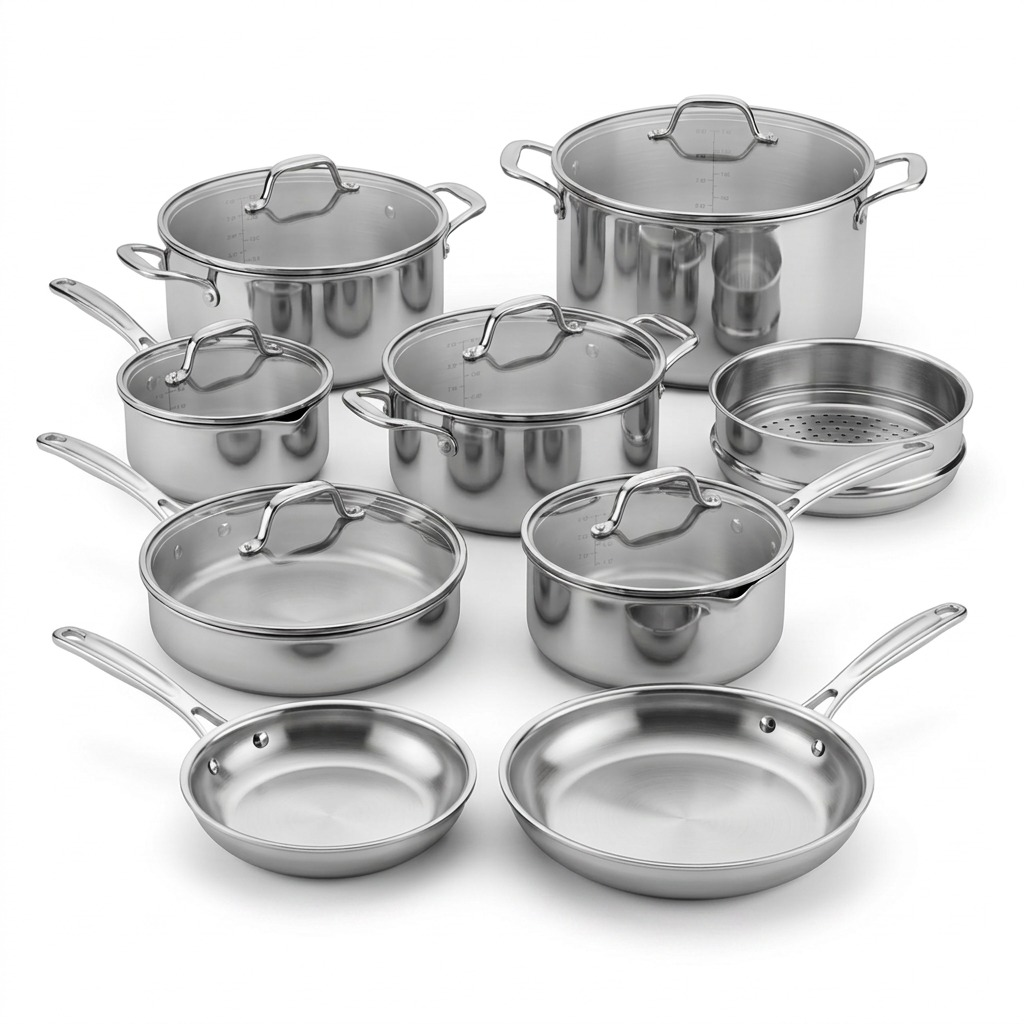 TRAMONTINA Tempo Tri-Ply Base Stainless Steel Cookware Set, 14 Pc (80154/012DS) - Cartouches Certifiees