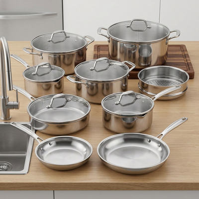 TRAMONTINA Tempo Tri-Ply Base Stainless Steel Cookware Set, 14 Pc (80154/012DS) - Cartouches Certifiees