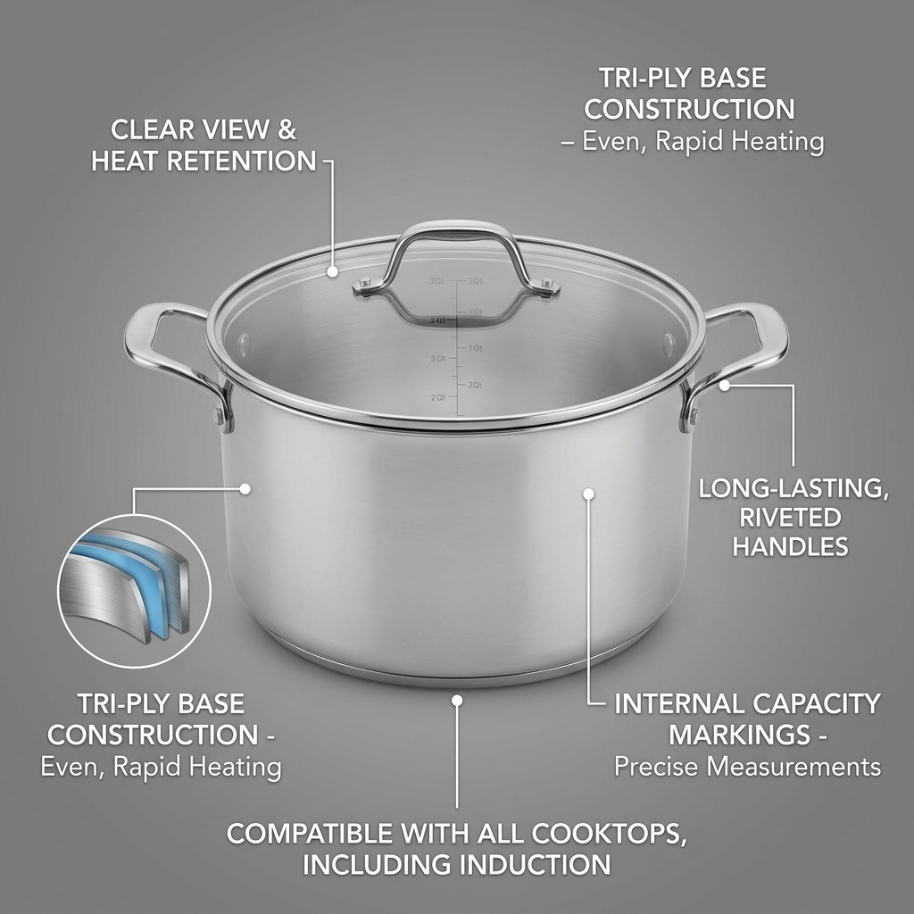 TRAMONTINA Tempo Tri-Ply Base Stainless Steel Cookware Set, 14 Pc (80154/012DS) - Cartouches Certifiees