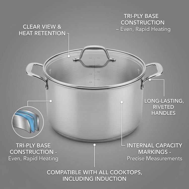 TRAMONTINA Tempo Tri-Ply Base Stainless Steel Cookware Set, 14 Pc (80154/012DS) - Cartouches Certifiees