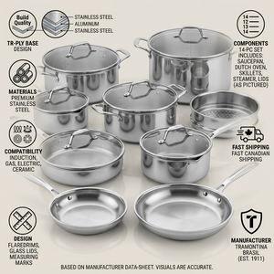 TRAMONTINA Tempo Tri-Ply Base Stainless Steel Cookware Set, 14 Pc (80154/012DS) - Cartouches Certifiees