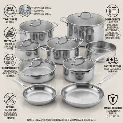 TRAMONTINA Tempo Tri-Ply Base Stainless Steel Cookware Set, 14 Pc (80154/012DS) - Cartouches Certifiees