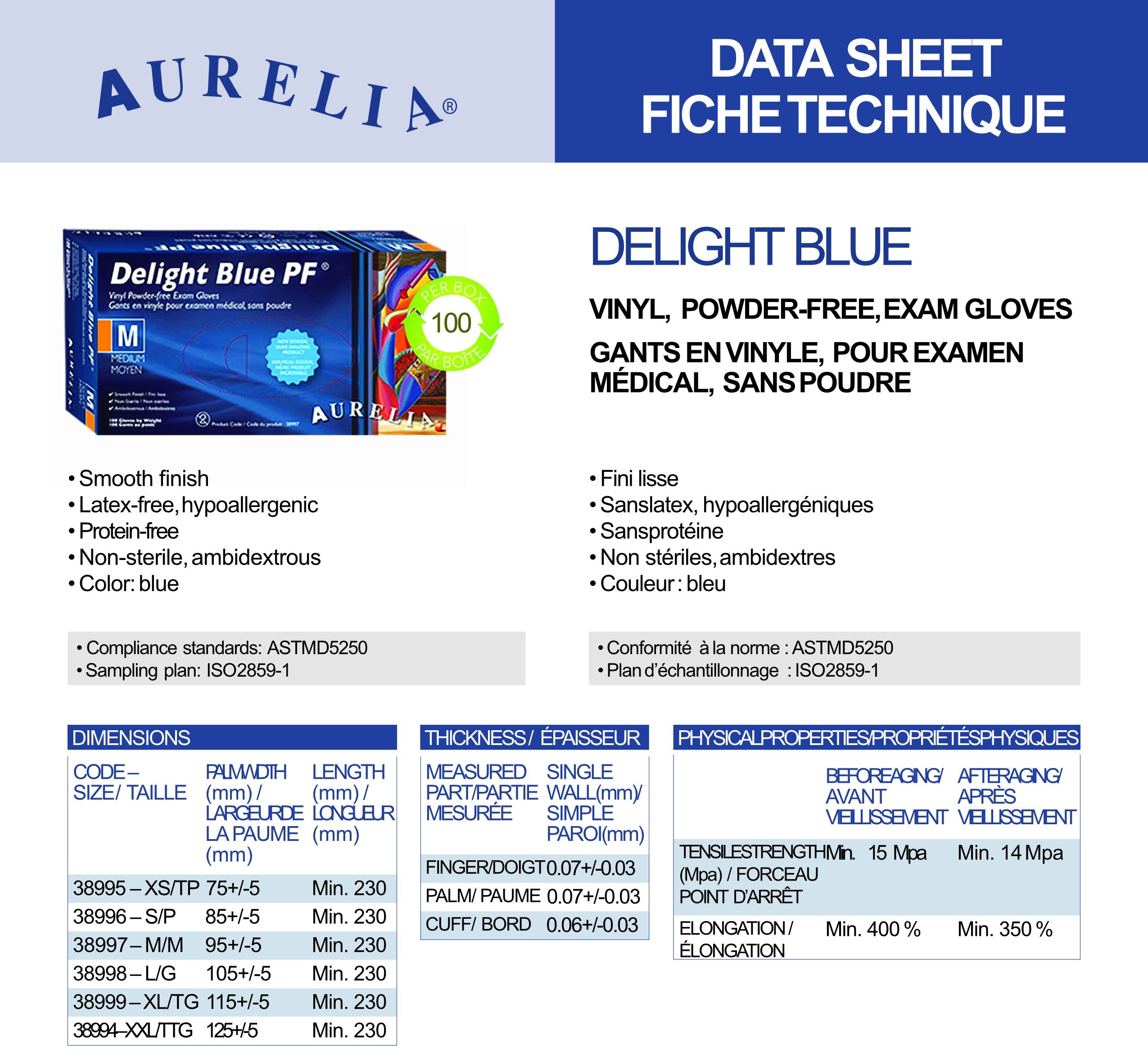 Aurelia Delight Pf Vinyl Gloves 3Mil - Blue - Case Of 10 Boxes