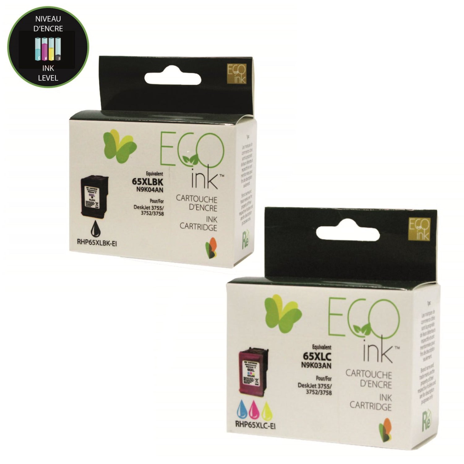 Refurbished HP 65XL (N9K04AN N9K03AN) Set of 2 Black and Color Inkjet Cartridge - Cartouches Certifiées