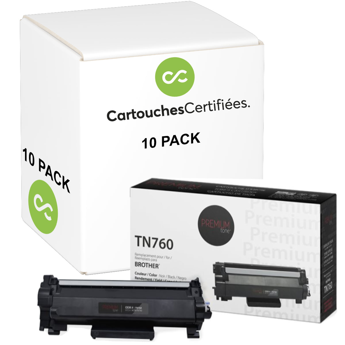 Compatible BROTHER TN-760 Set of 10 Black Toner Cartridge Premium Quality - Cartouches Certifiées