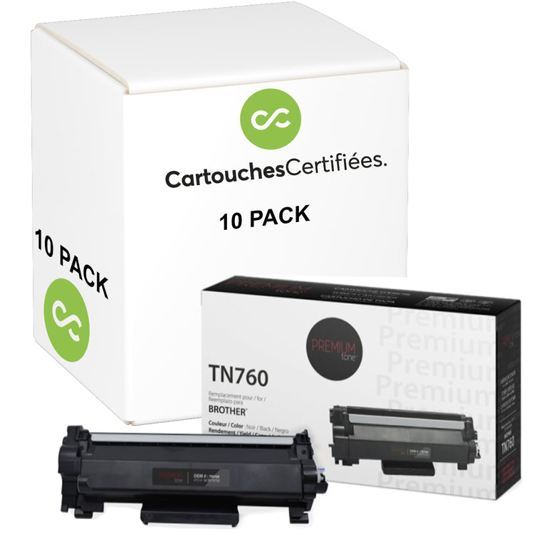 Compatible BROTHER TN-760 Set of 10 Black Toner Cartridge Premium Quality - Cartouches Certifiées