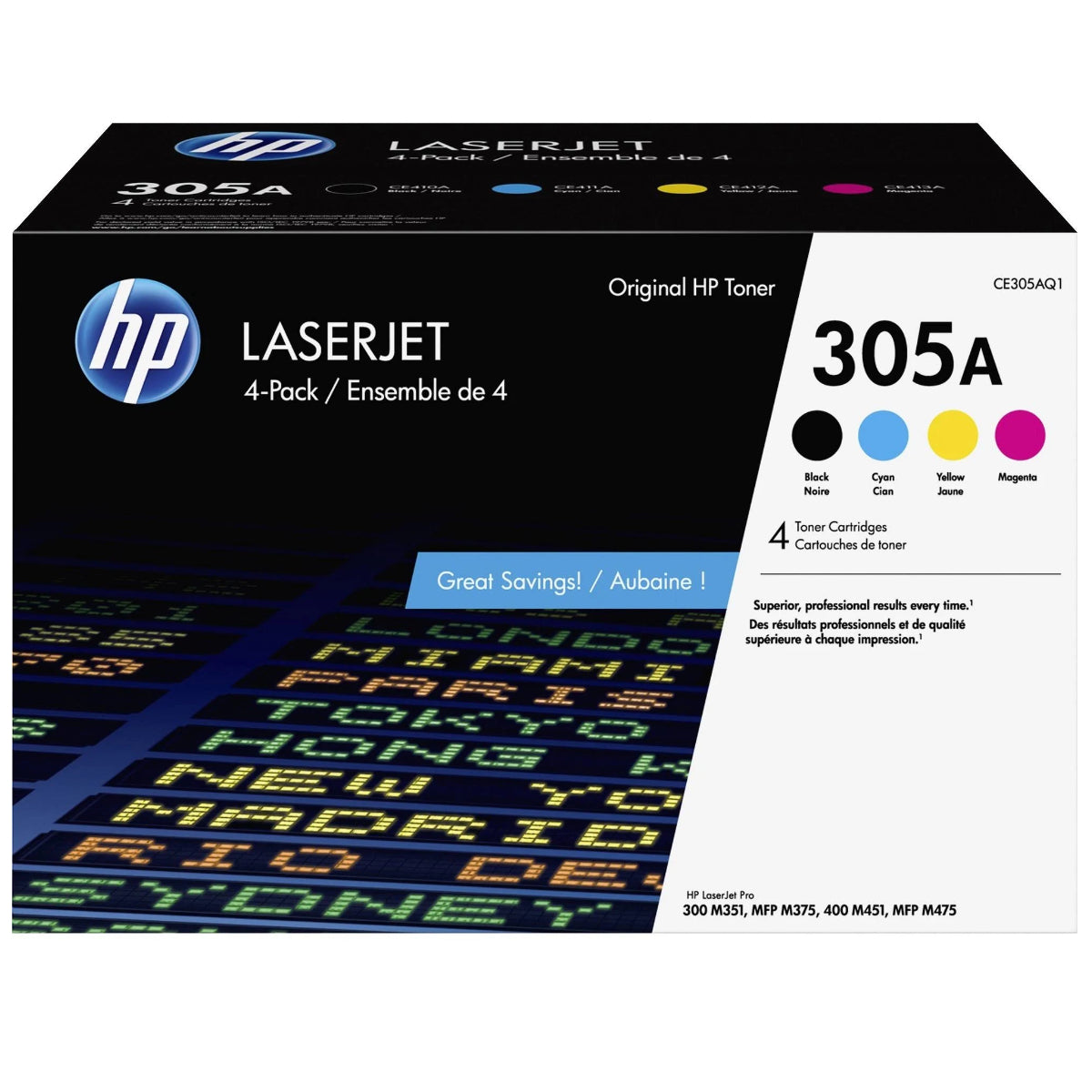 HP CE305AQ1 (305A) 4 Pack Black and Color Original Toner Cartridge - Cartouches Certifiées